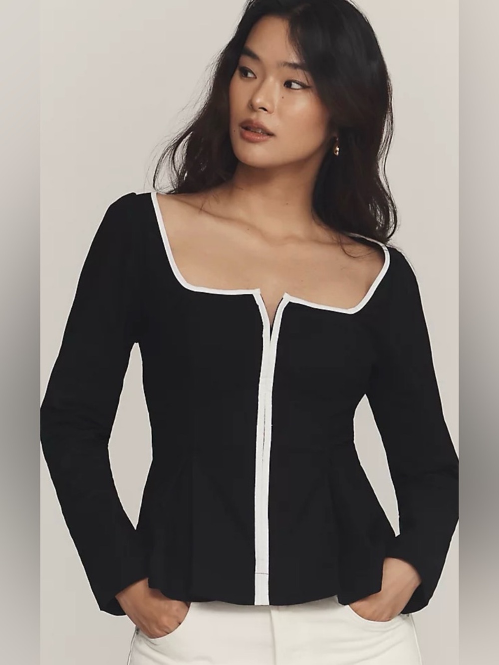 Anthro Black Peplum Long-Sleeve Top with White Trim